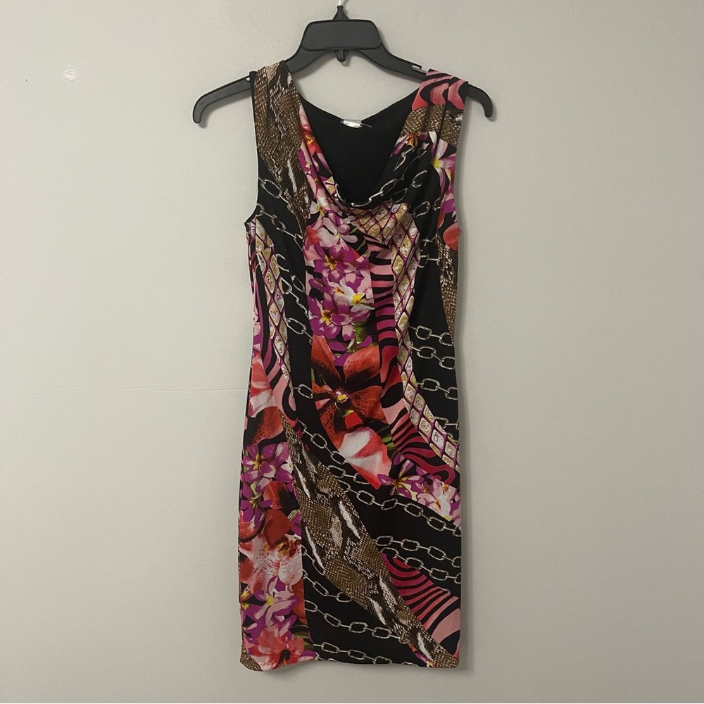 Cache Floral Chain Print Sleeveless Dress in Black, Pink, Red & Brown